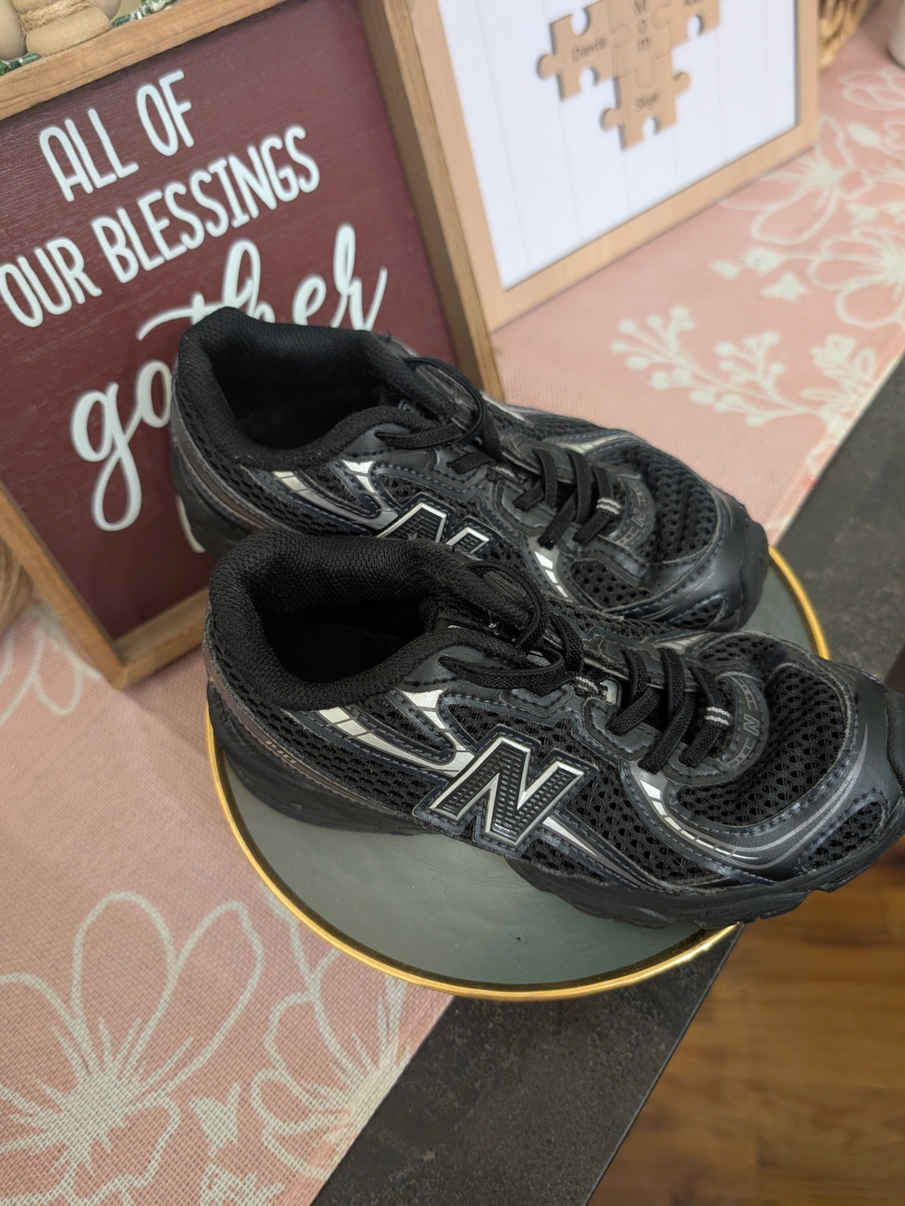 New Balance Black Kids Athletic Sneakers with Silver Accents